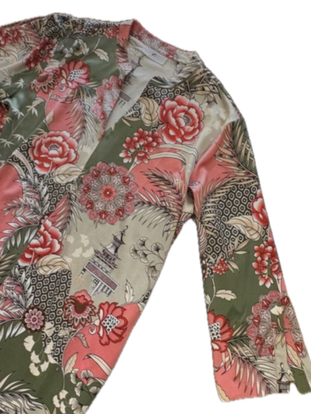 Vintage Natori Silky Maxi Gown Robe Coral & Olive Long Split Sleeve & Pockets - Picture 5 of 10